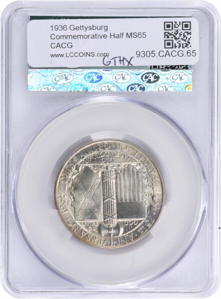 Gettysburg Commemorative Half Dollar 1936 MS65 CACG