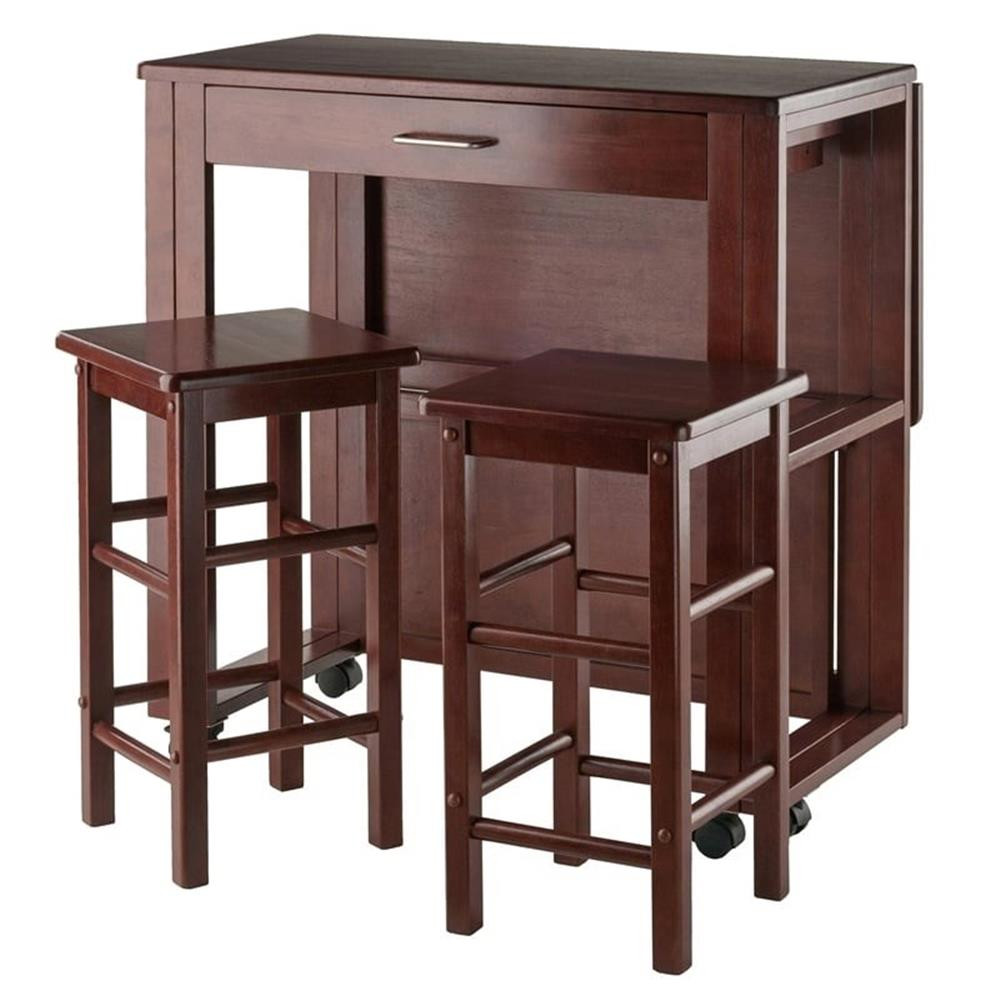 Pemberly Row 3-Piece Transitional Solid Wood Drop Leaf Dining Set in Walnut