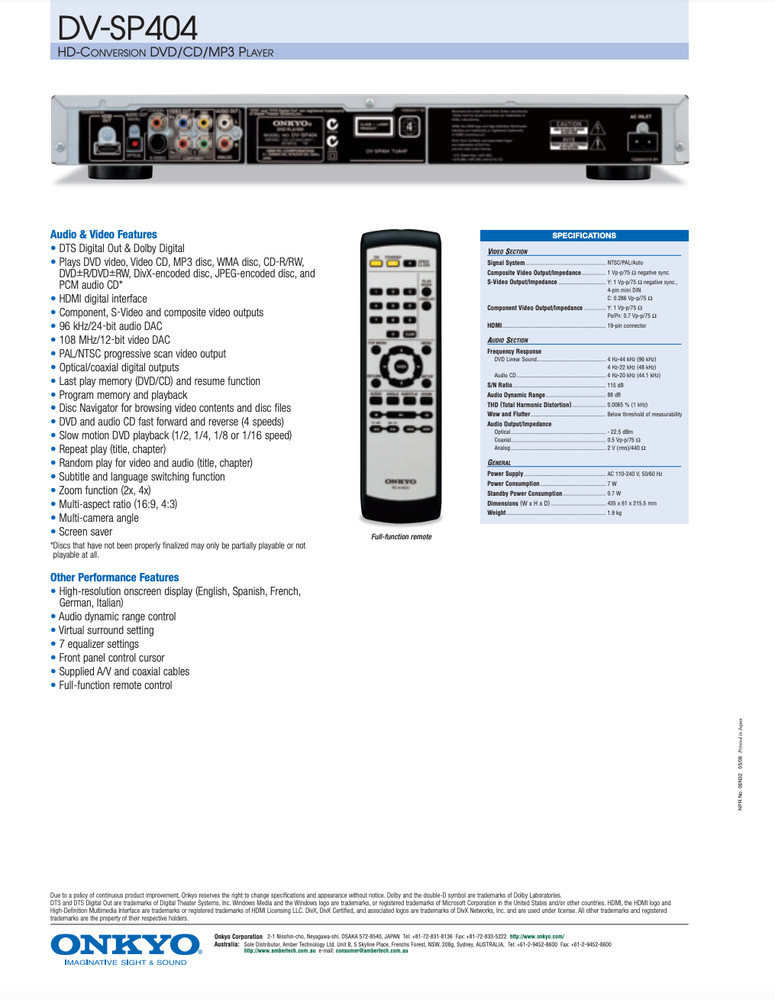 Onkyo DV-SP404 CD/DVD Player