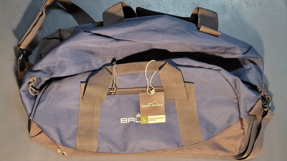 Eddie Bauer EB900 Medium Ripstop Duffel Bag Blue Black Zip Adjustable Strap
