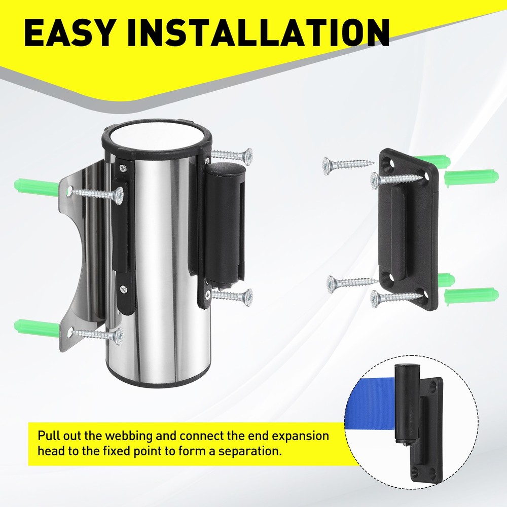 9.8 Foot Fixed Wall Mount Retractable Belt Barrier Set, Dark Blue