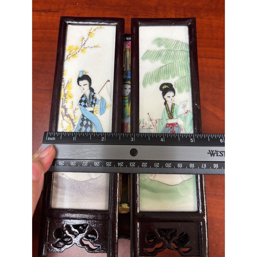 Vintage Chinese Marble Panel Folding Table Screen 5 Panel Wood Frame