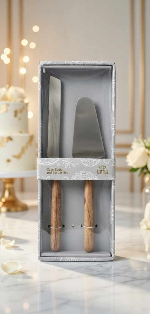 Karma Cake Knife and Server Set wooden handle brushed silver