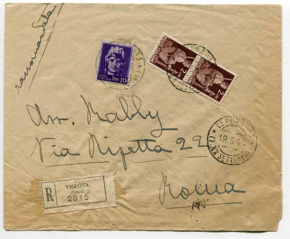 May 18 - Lire 10 Rome + complementary Lire 2 Democratica on envelope
