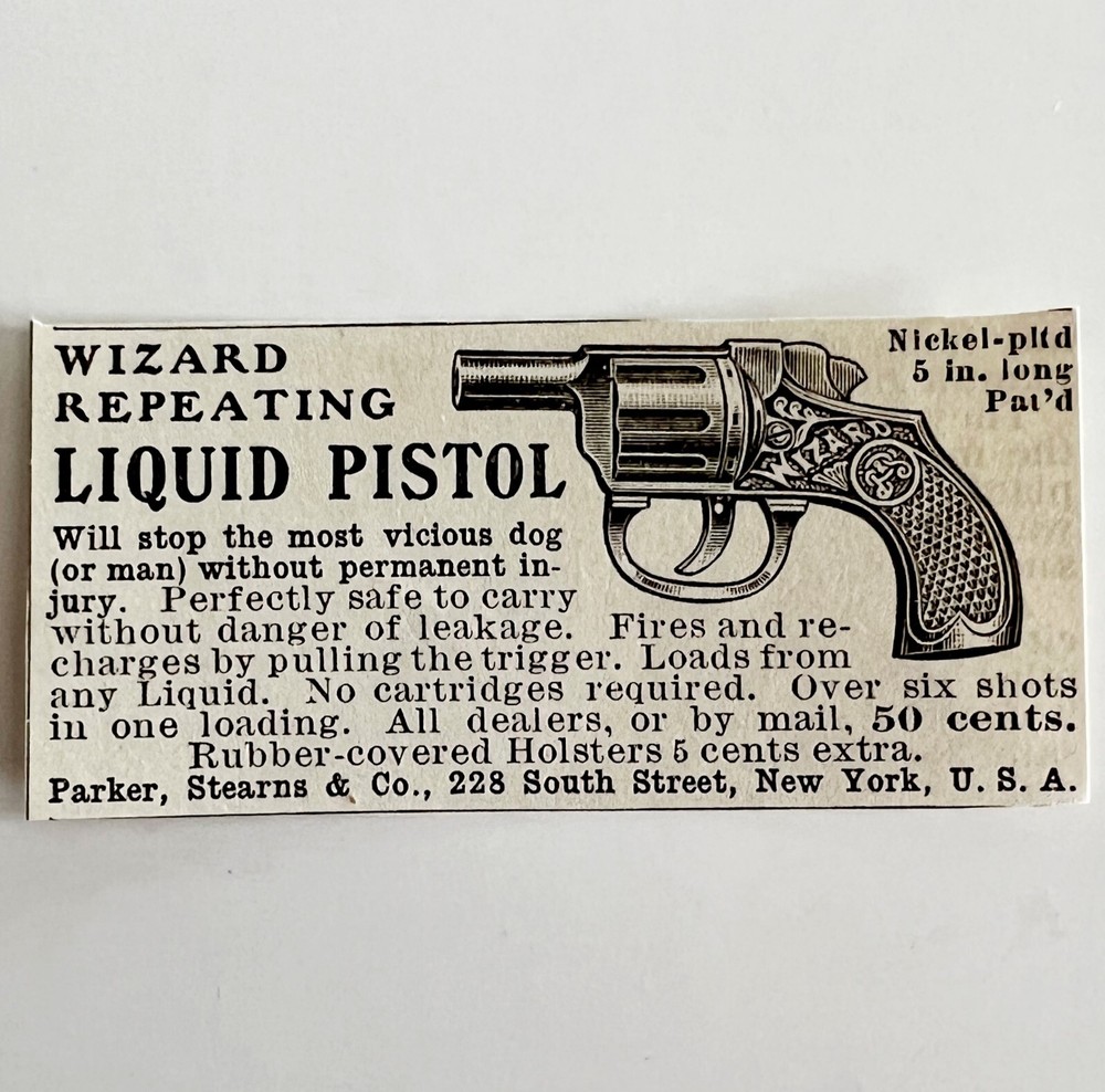 1906 Wizard Repeating Liquid Pistol Advertisement Firearms Ephemera 2.25 x 1"