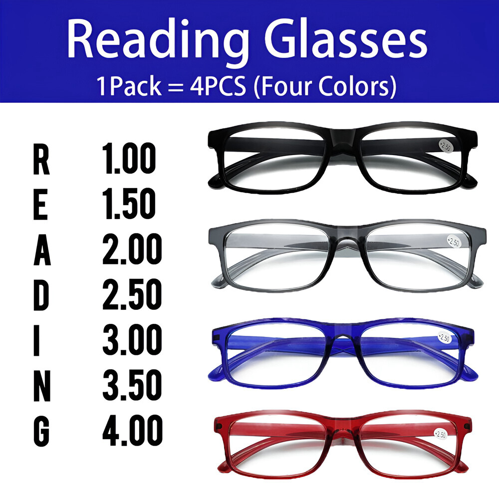 4 Pack Reading Glasses Readers Men Women Square Frame Spring Hinge