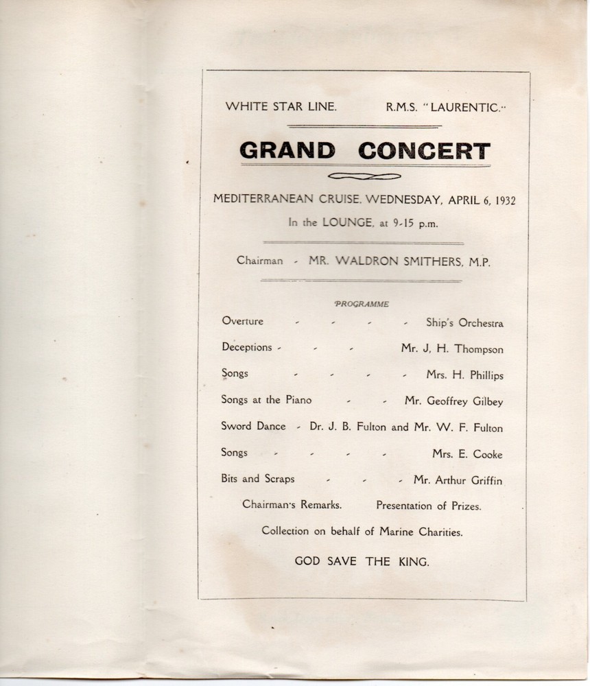 1932 Concert Program & Social Program from White Star Line Ship R.M.S Laurentic