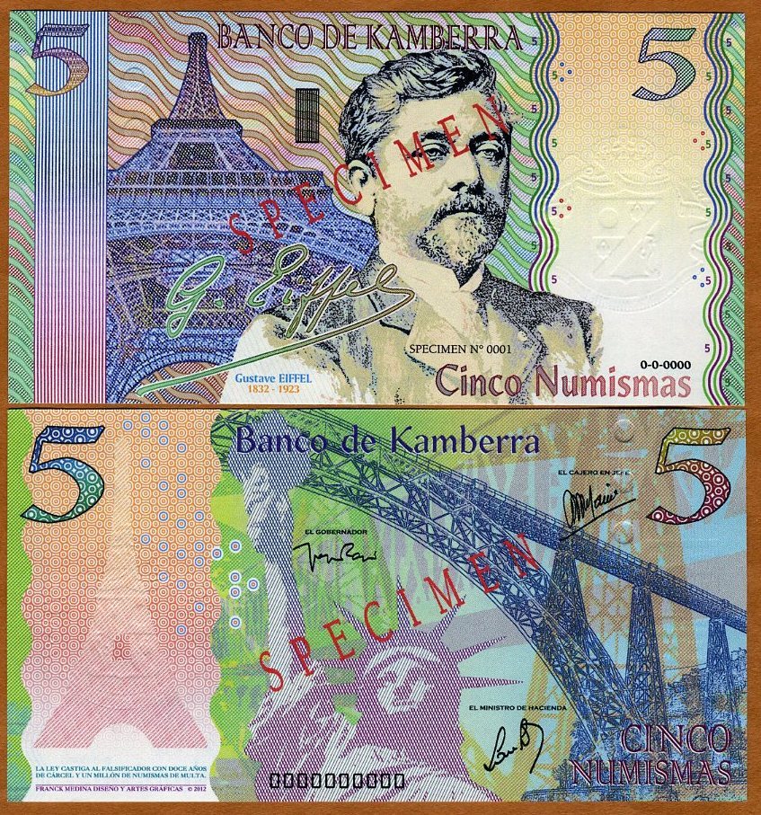 Specimen, Kamberra, Kingdom, 5 Numismas, 2012, UNC Eiffel