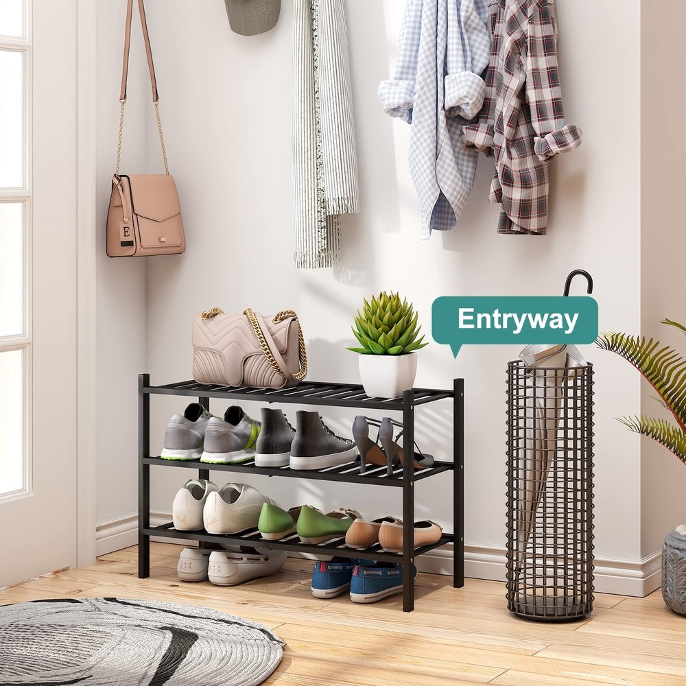 3-Tier Black Bamboo Shoe Rack for Entryway, Stackable | Foldable | Natural, S...