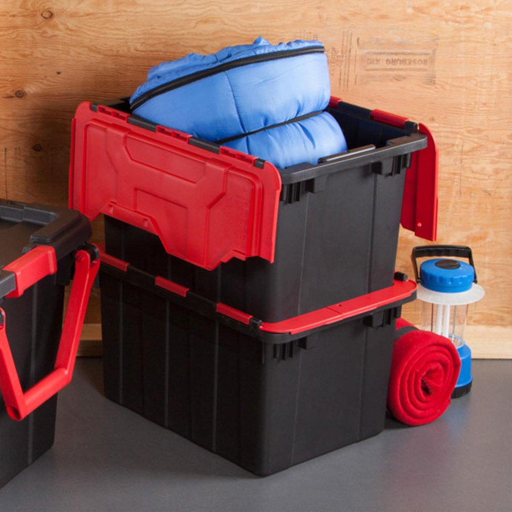 6 Pack Stackable 12 Gal Totes with Hinged Lids - Black/Red Storage Bins