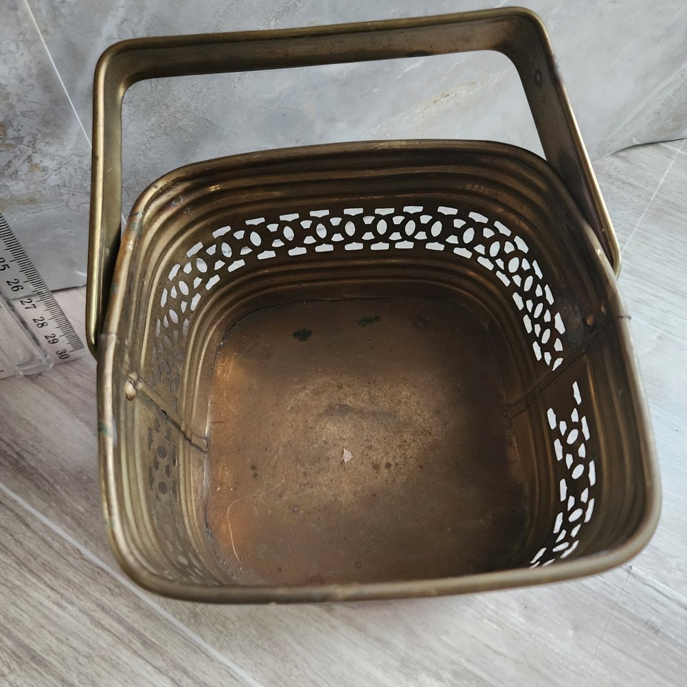 5" X 5" X 3" Pierced Solid Brass Basket Adjustable Hinged Handle Made In India