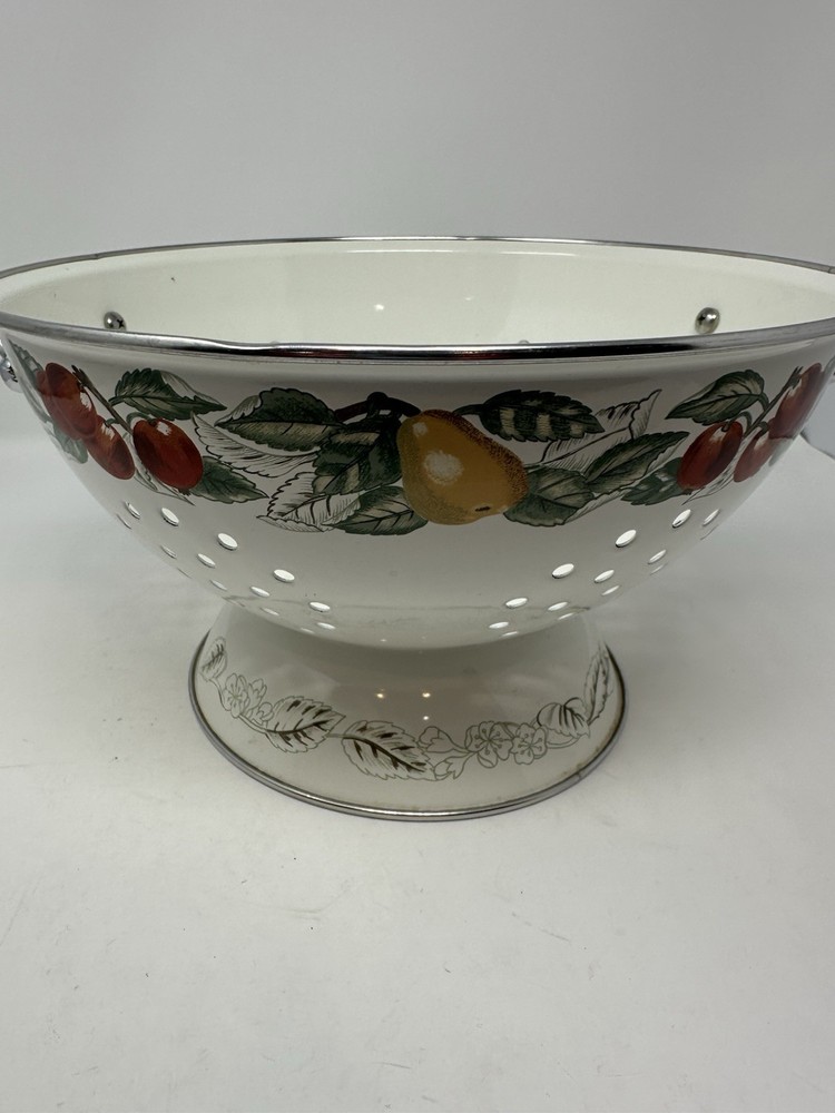 VTG White Enamel Colander Fruit Pattern