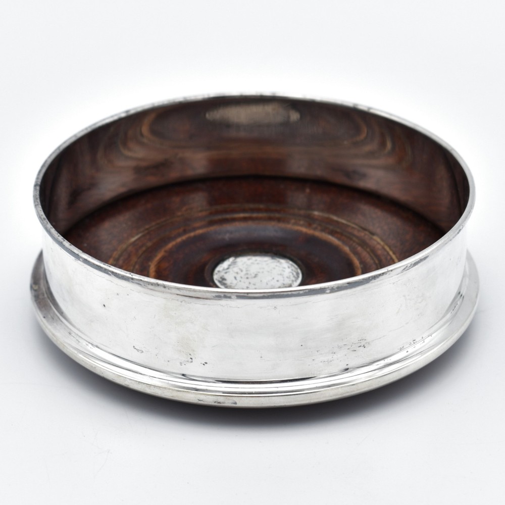 Antique Silver Plated Turned Wood Bottle Coaster