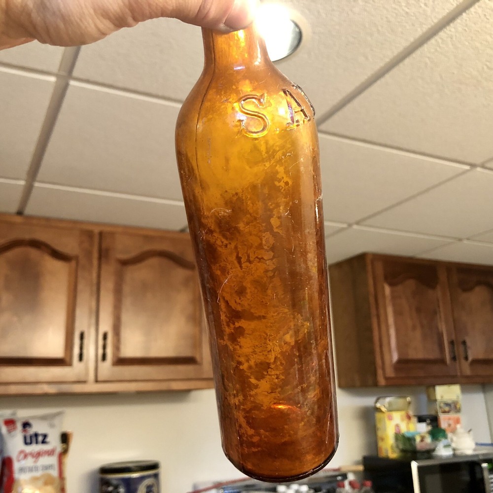 Blown Amber Crown Top Beverage Type Bottle S A W Initials On Shoulder Beer?