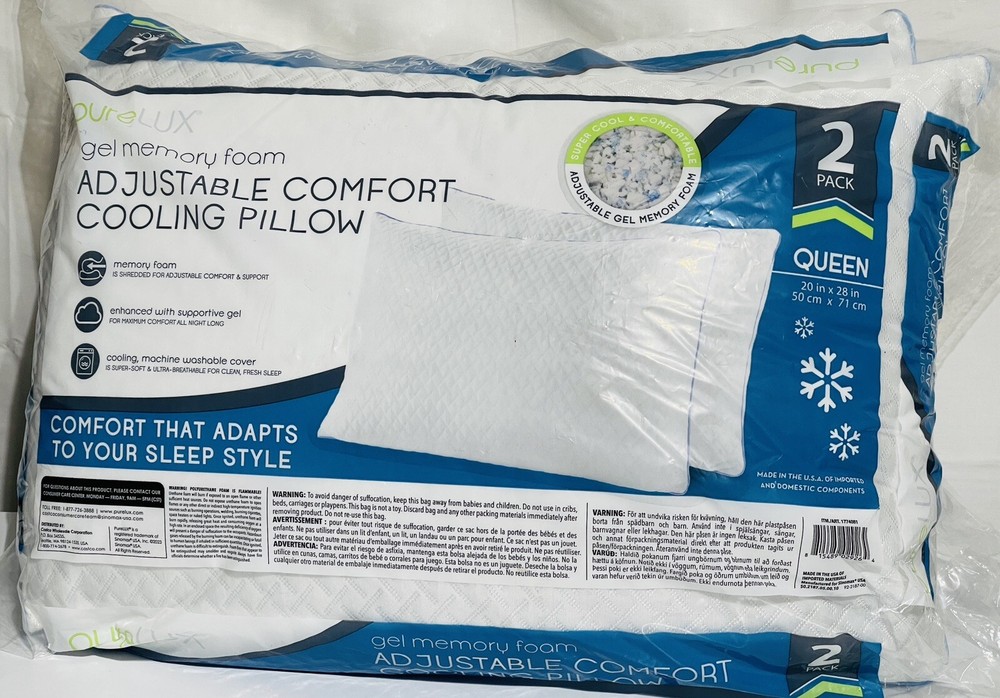 PureLUX Gel Memory Foam Adjustable Comfort Pillow Queen 2 Pack