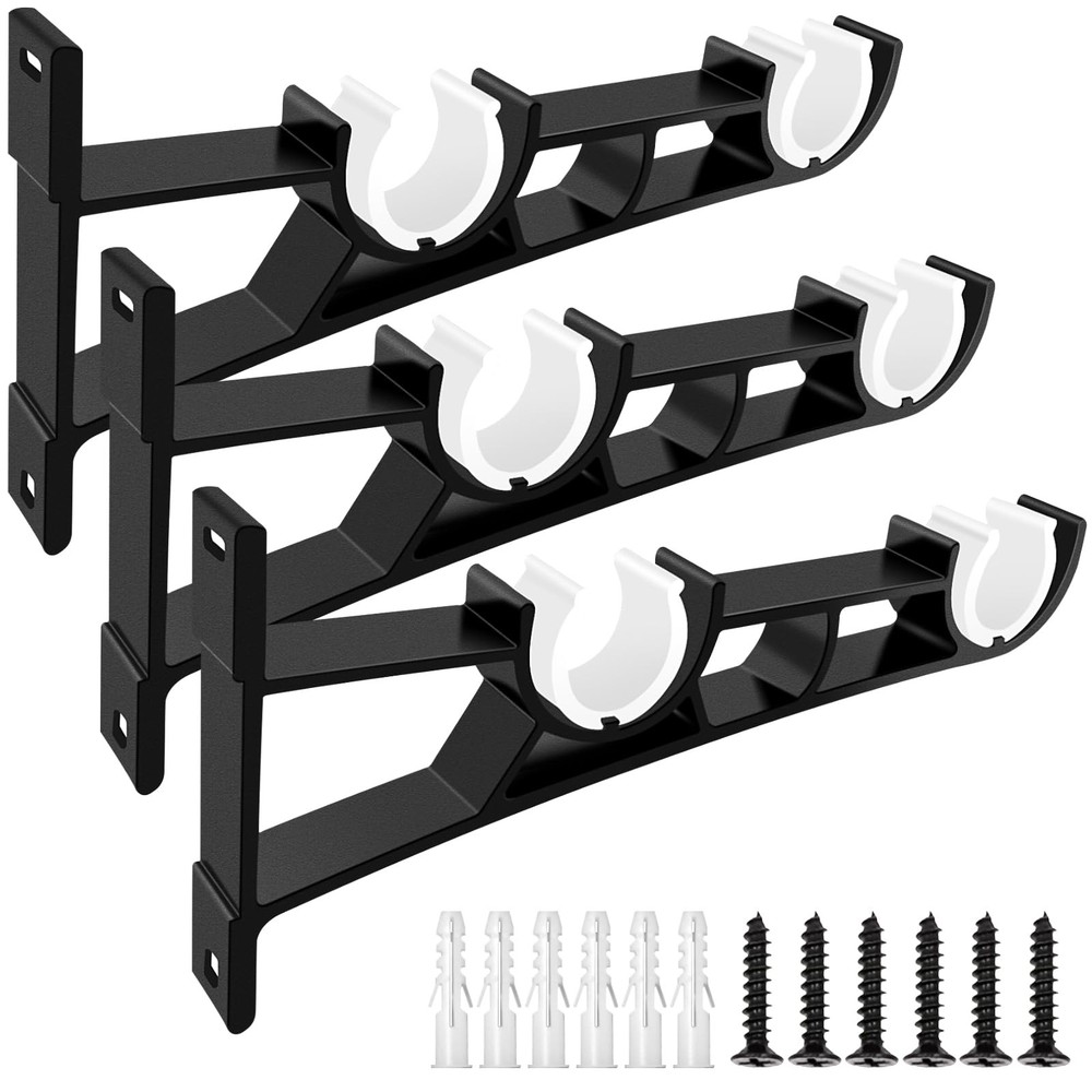 Curtain Rod Bracket, 3 Pack Double Brackets, Heavy 3 Pack, Black
