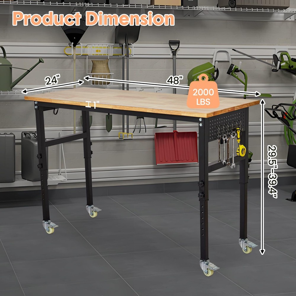 48'' Adjustable Workbench&Pegboard Power Outlets Heavy Duty Work Table,Garage