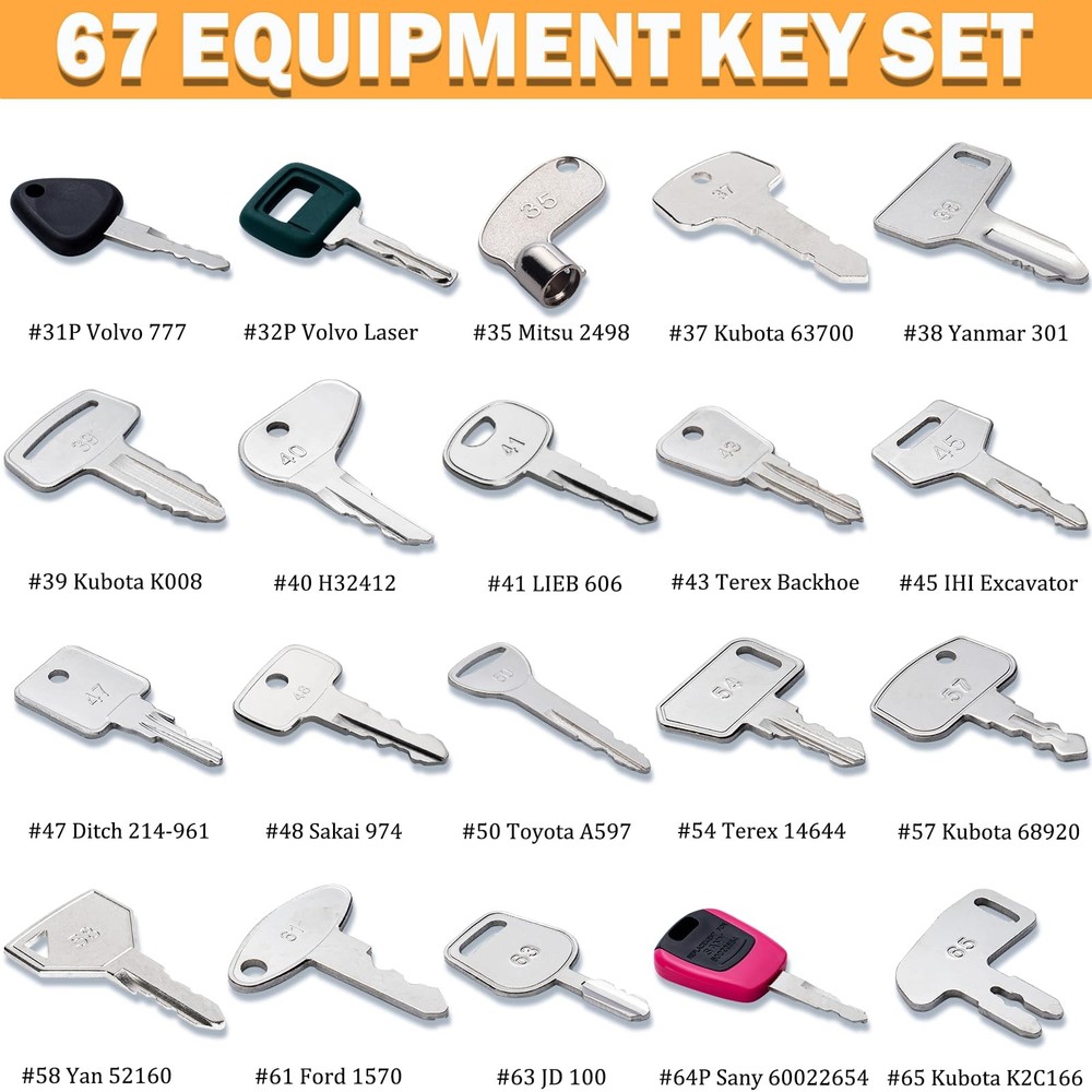 67 Heavy Equipment Master Keys Constrtution Machinery Operator Key for CAT Jo...