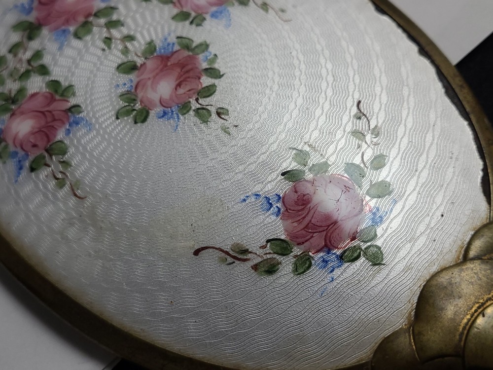 Vintage Guilloche Roses Hand Mirror Missing Handle