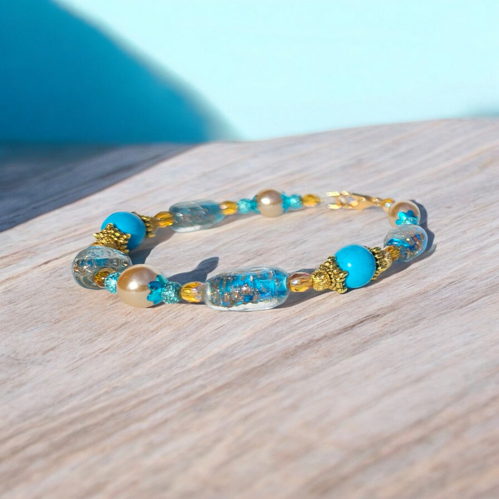 Blue and Gold Lampwork, Magnesite, Pearl Set