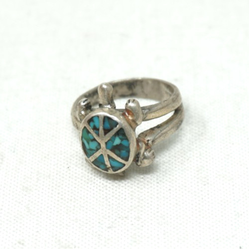 Vintage 925 Sterling Silver Turquoise Chip Turtle Ring size 5 Adjustable