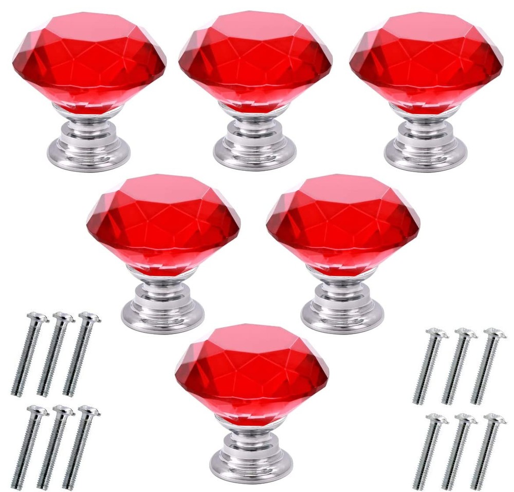 6Pcs Red Crystal Glass Cabinet Knobs 30mm Diamond Drawer Pull Handles Set