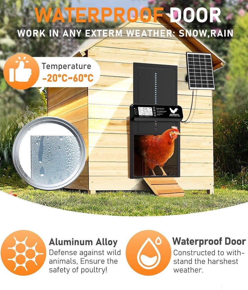 Automatic Chicken Coop Door Solar Powered with Timer/Light Sensor, Solar Chic...