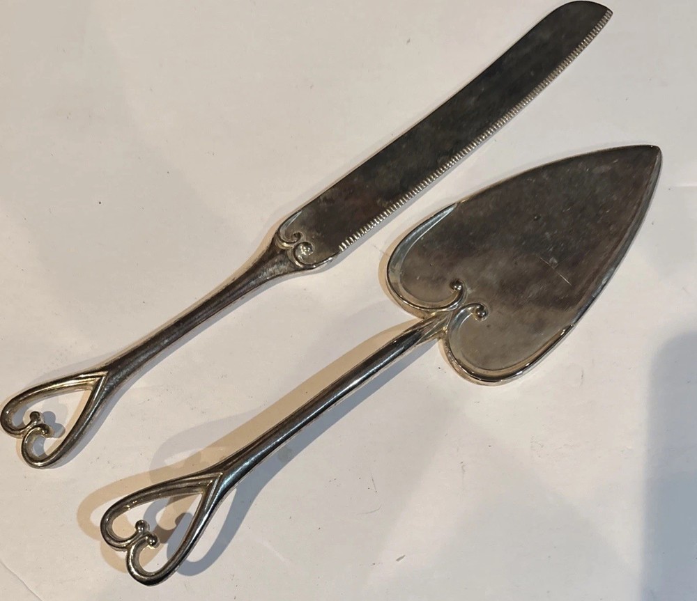 Studio His & Hers Cake Server & Knife Heart Metal Silver Plated Wedding