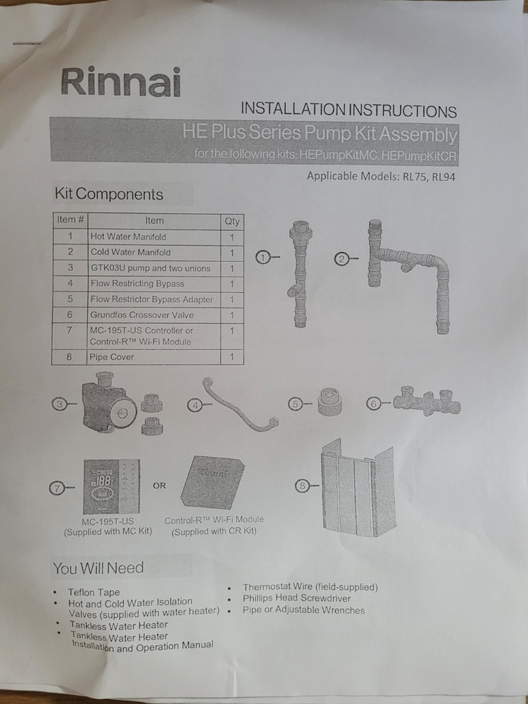 Rinnai HEPumpKitCR HE+ Series Pump Recirculation Kit with Control-R Wi-Fi Module
