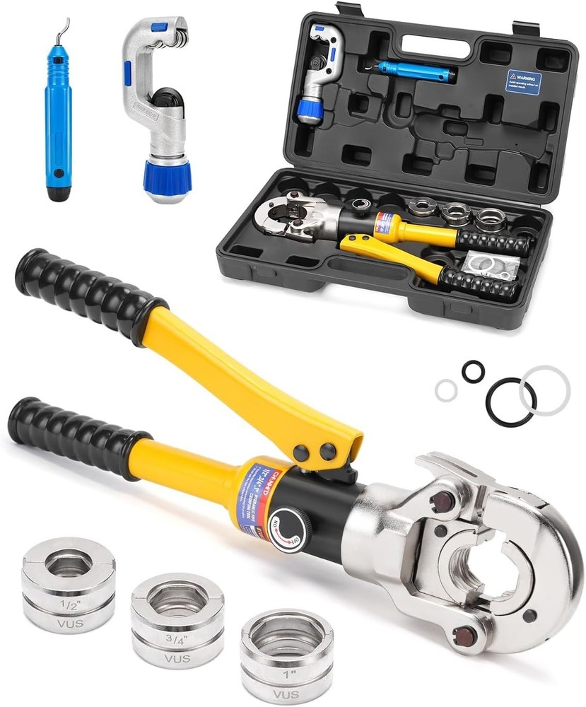 1/2, 3/4, 1" PEX Press Crimping Tool with Pipe Cutter - Automatic Locking Design