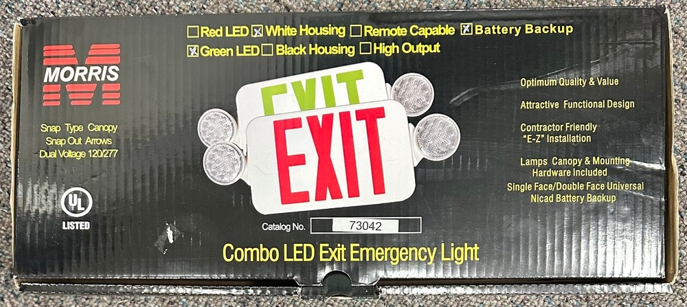 MORRIS 73042 Green Letters Round Head Combo LED Emergency Exit Sign White