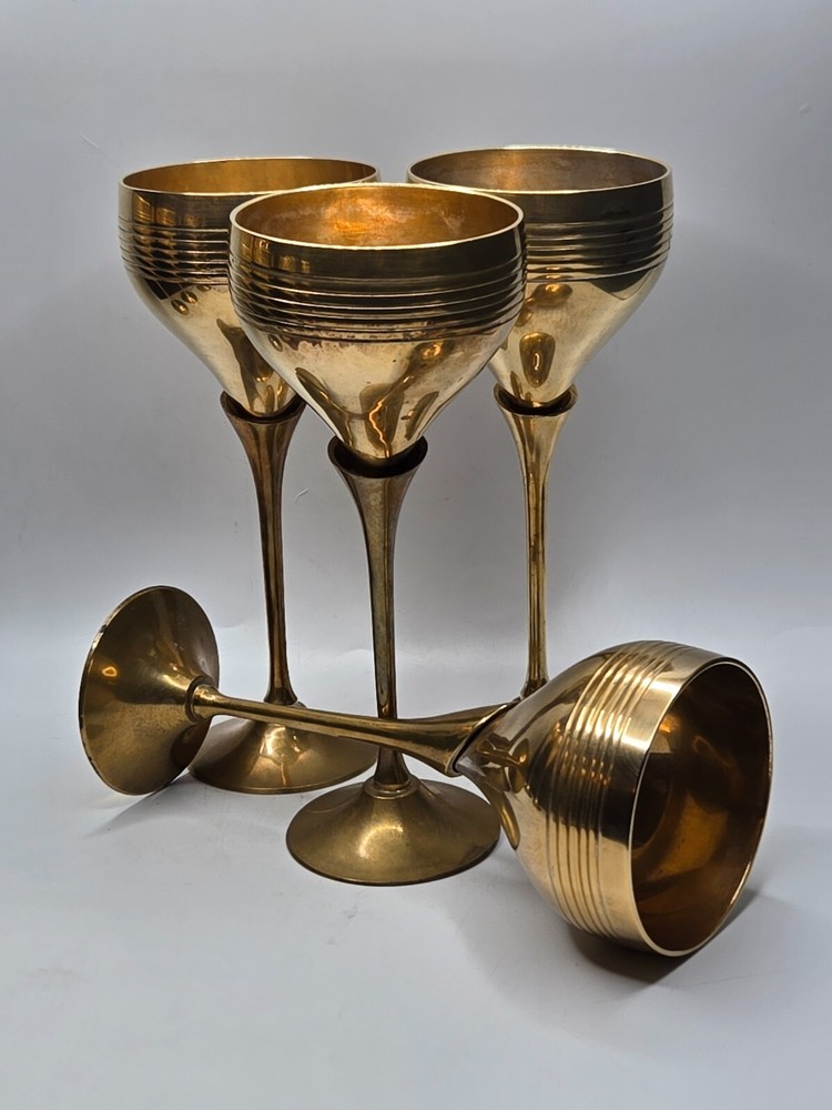 Vintage S/4 Solid Brass Goblets Tulip Stem • 7.5"H • India