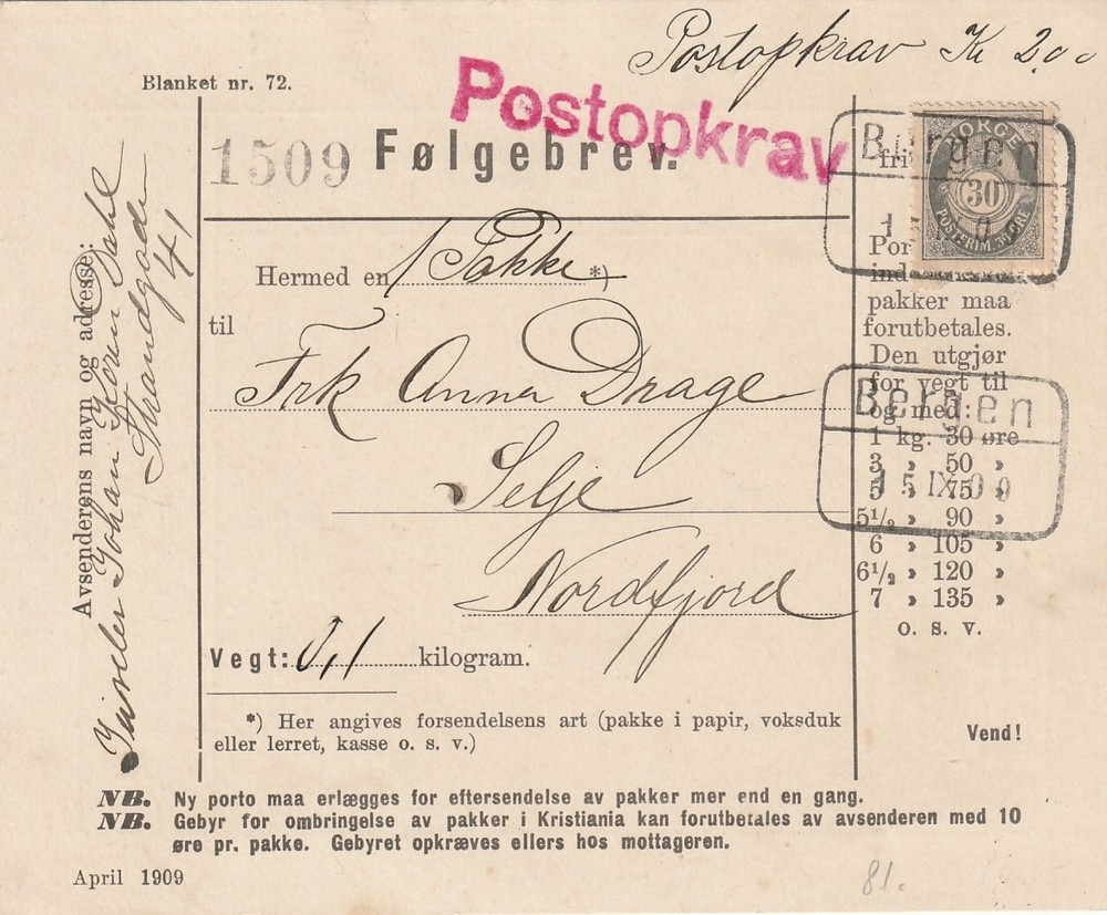 NORWAY: Parcel with COD Bergen  1909.