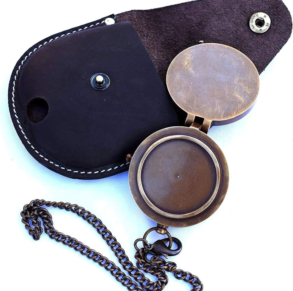 Engravable Compass Nautical Pocket Brass Compass with Leather Carry