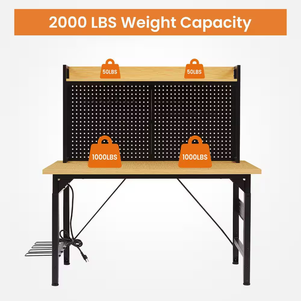 48 In. Adjustable Workbench with Pegboard, Heavy Duty Wooden Desktop Workbench w