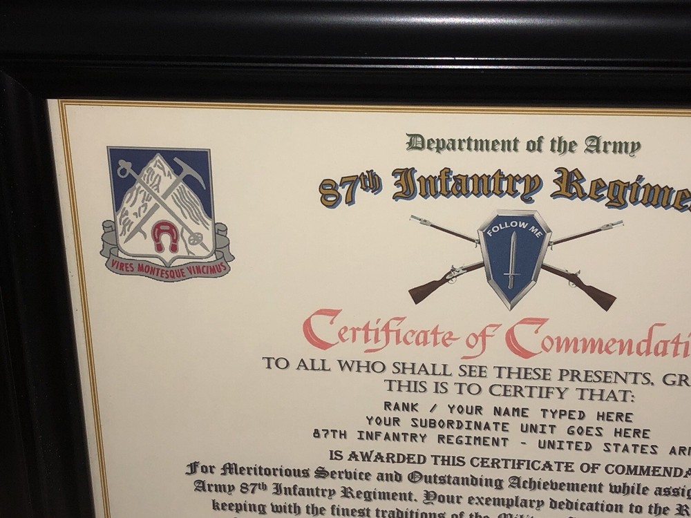 87TH INFANTRY REGIMENT / COMMEMORATIVE - CERTIFICATE OF COMMENDATION