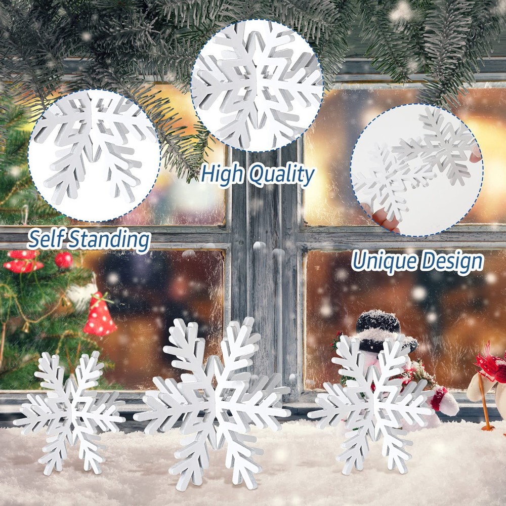 Bucherry 12 Pcs Wooden Snowflake Table Decor 3D Tabletop White