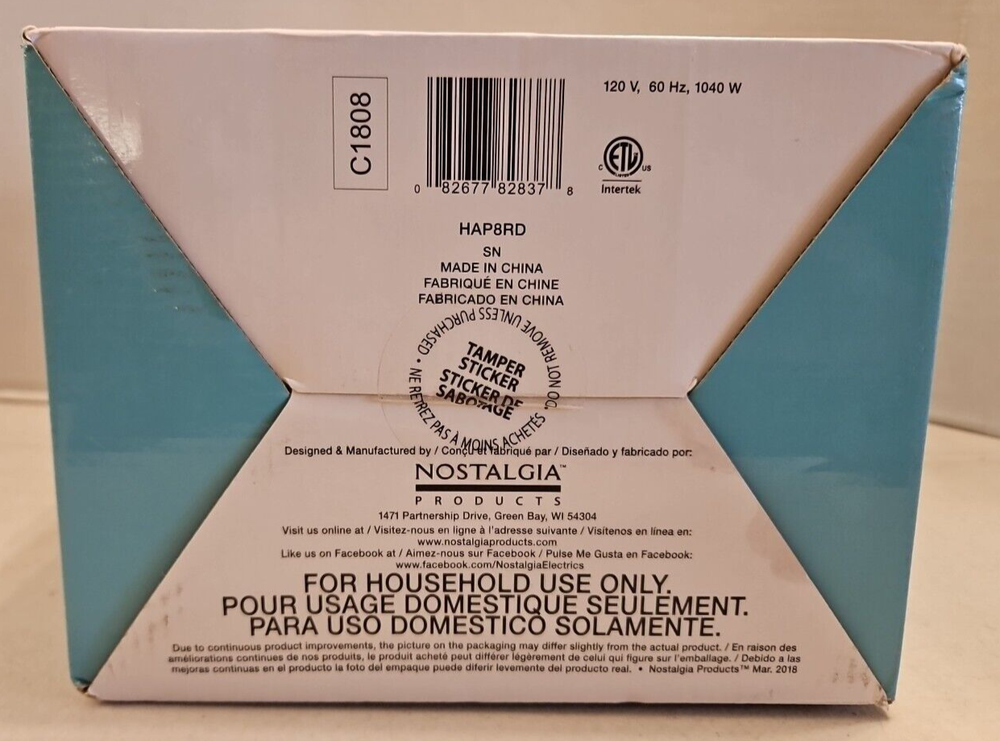 Nostalgia Hot Air Popcorn Maker HAP8RD - New & Sealed