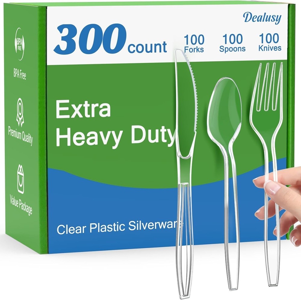 300 Count Extra Heavy Duty Clear Plastic Silverware 100 Forks 100 Spoons