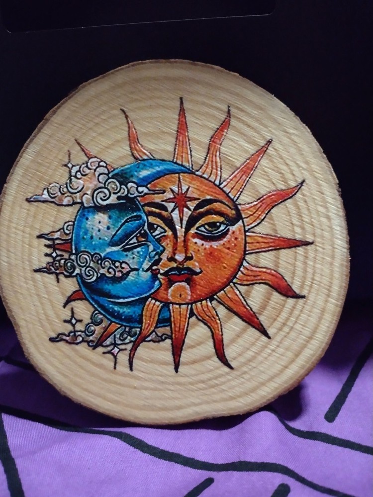 Hand painted Wooden Slice with Sun and Moon