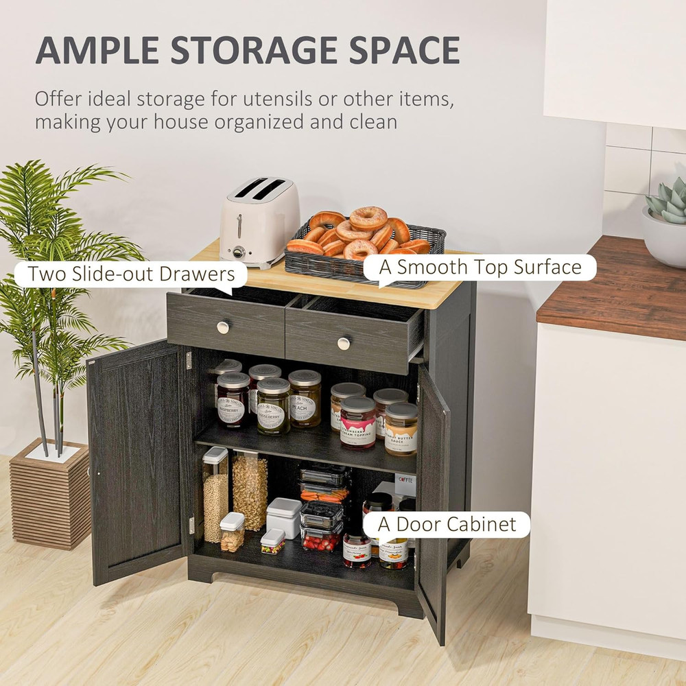 Modern Distressed Black Sideboard Buffet Cabinet with Solid Wood Top & Storage