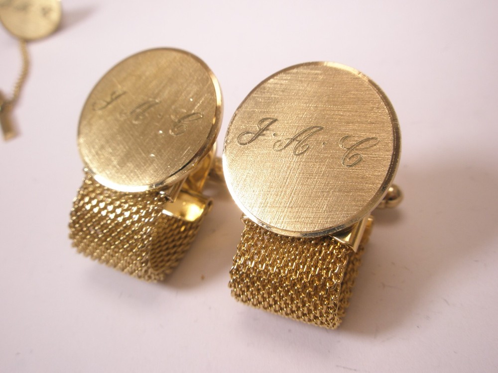 JAC Monogram Initial Letter Vintage ANSON Mesh Wraparound Cuff Links & Tie Tack