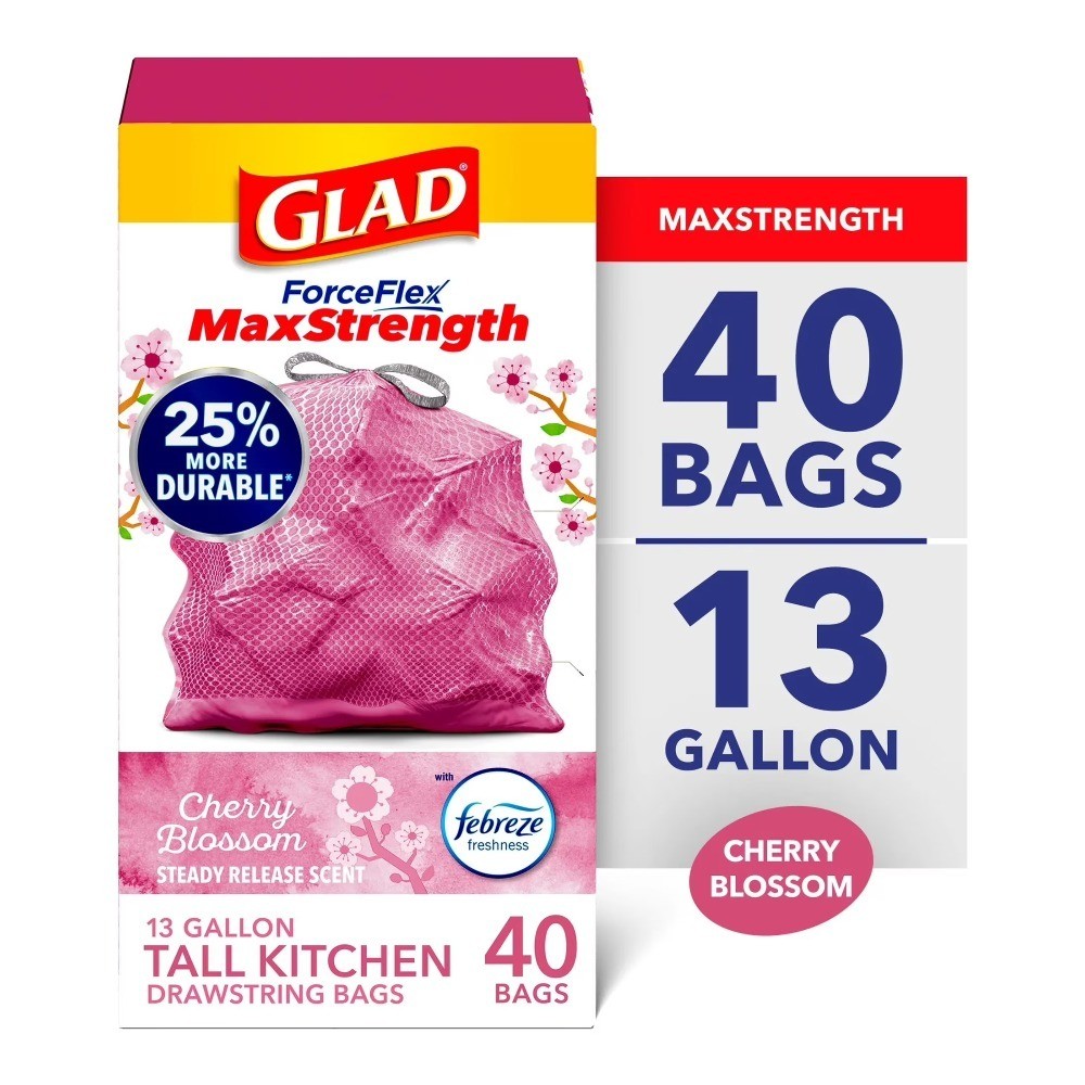 ForceFlex MaxStrength 13 Gallon Tall Kitchen Drawstring Trash Bags, Cherry