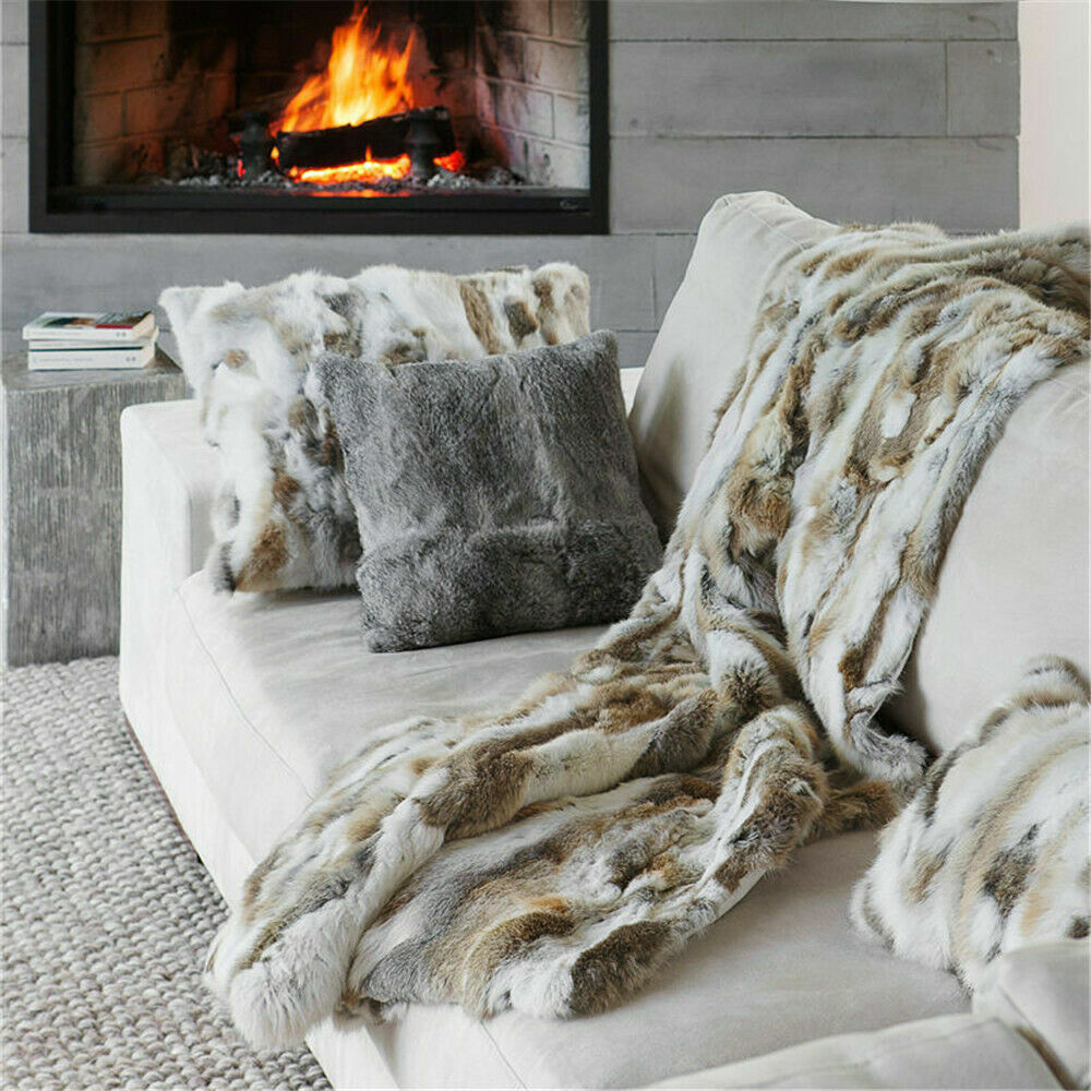 Luxury Soft Real Rabbit Fur Throw Warm Large Sofa Bedspread Blanket 55x63''