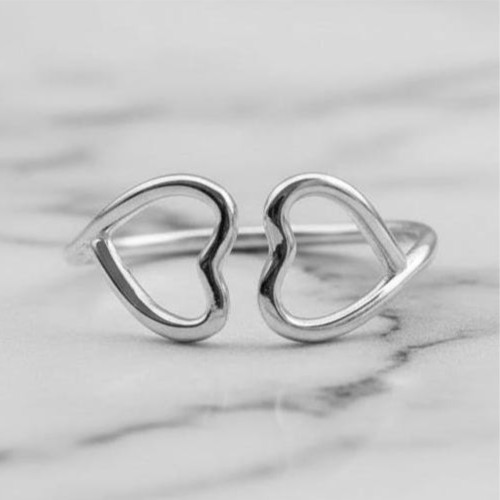 Sterling Silver Double Open Heart Ring, Dainty Adjustable Heart Statement Band