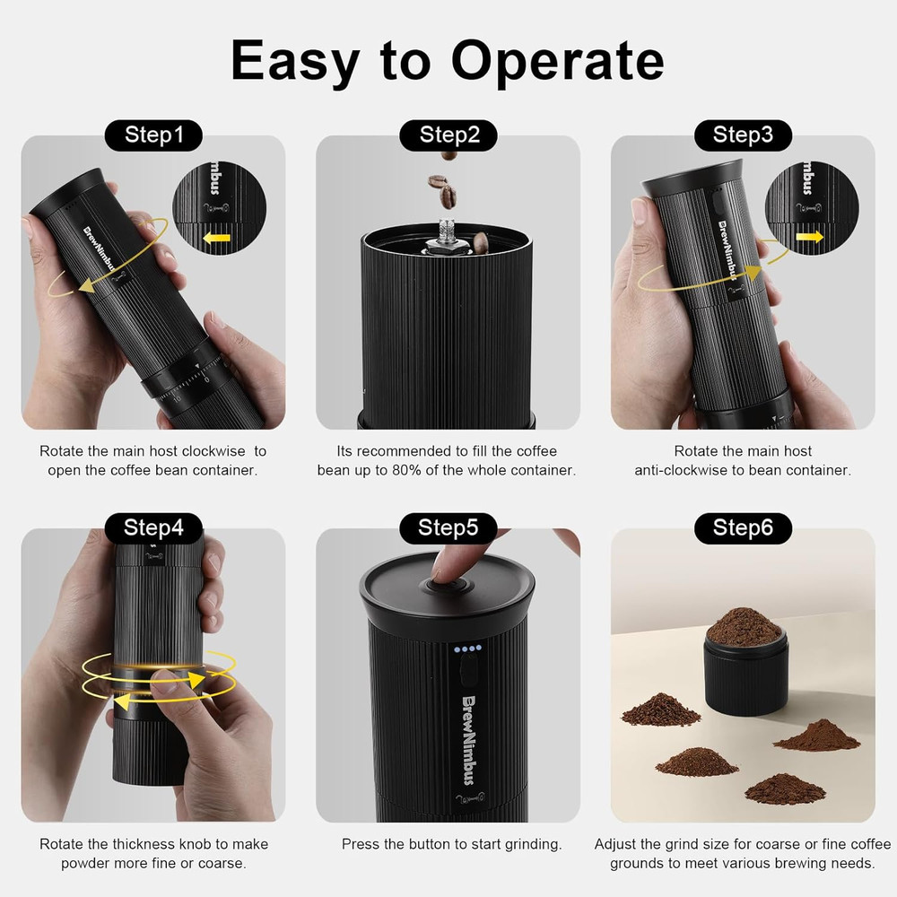 Rechargeable Portable Electric Coffee Grinder with Adjustable Settings - Black