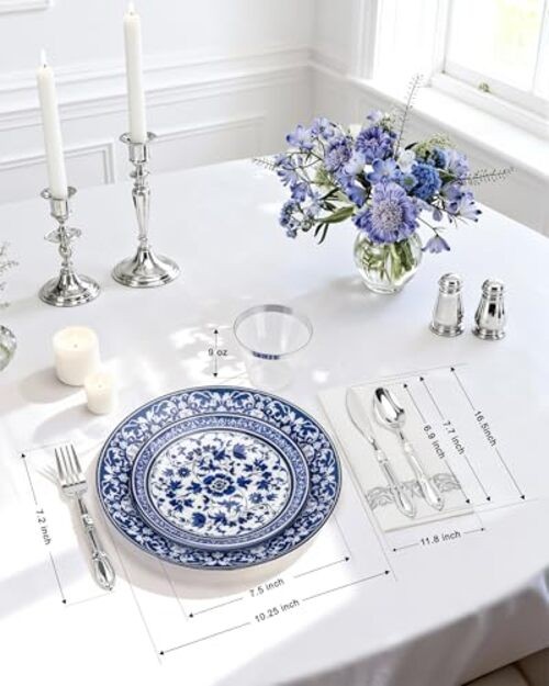 175PCS Blue Plastic Plates - Floral Disposable Dinnerware Set White and Blue