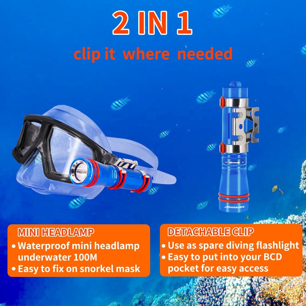 D2A Diving Flashlight Mini Scuba Dive Headlamp Underwater 100M Backup (blue)