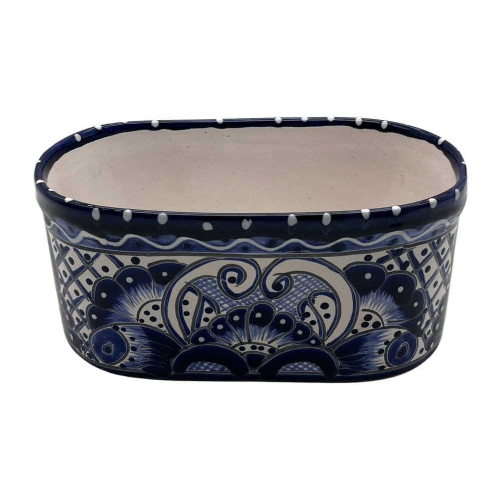 Blue & White Oval Talavera Planter | Mexican Ceramic Accent