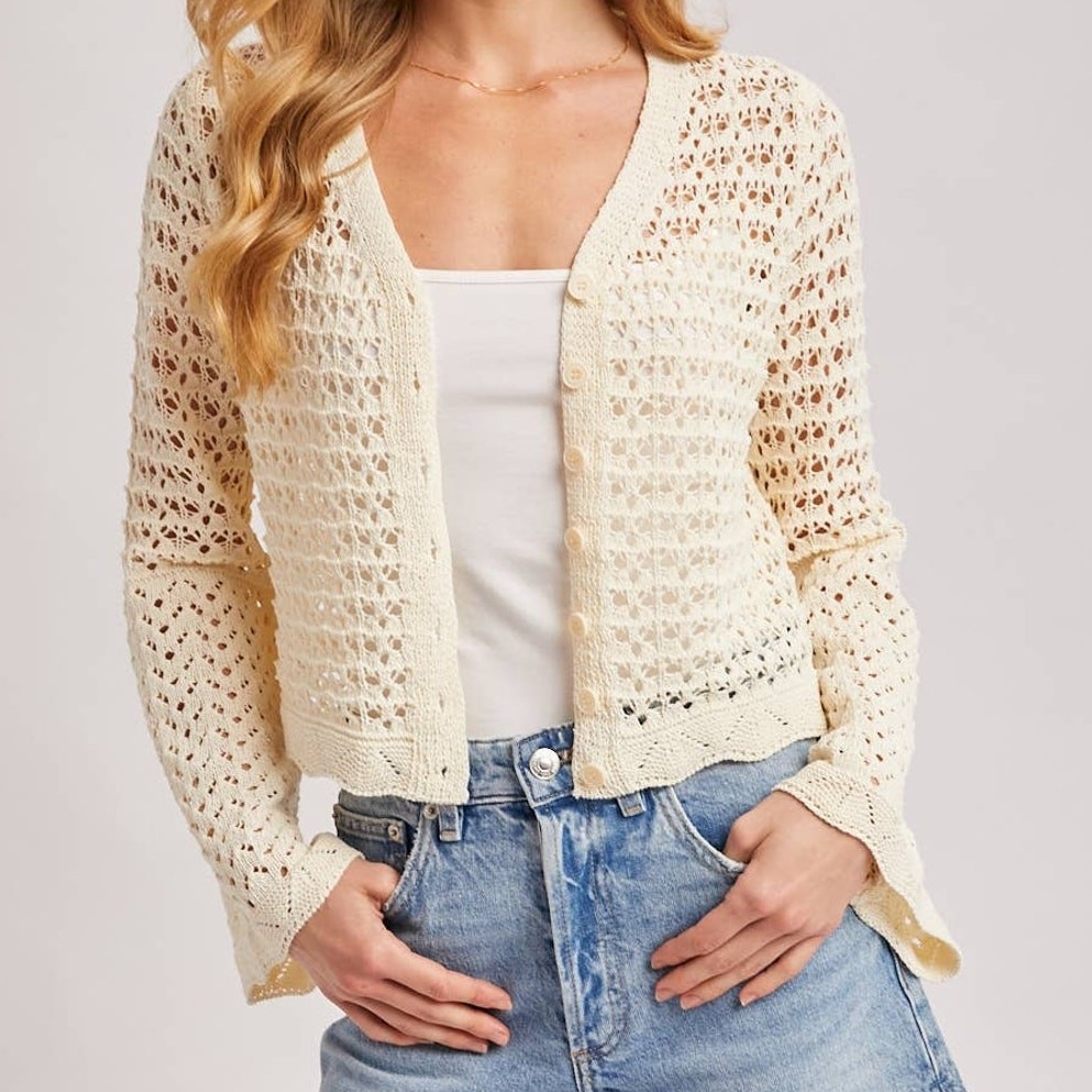 Button-Down Open-Knit Crochet Cardigan Ecru Small